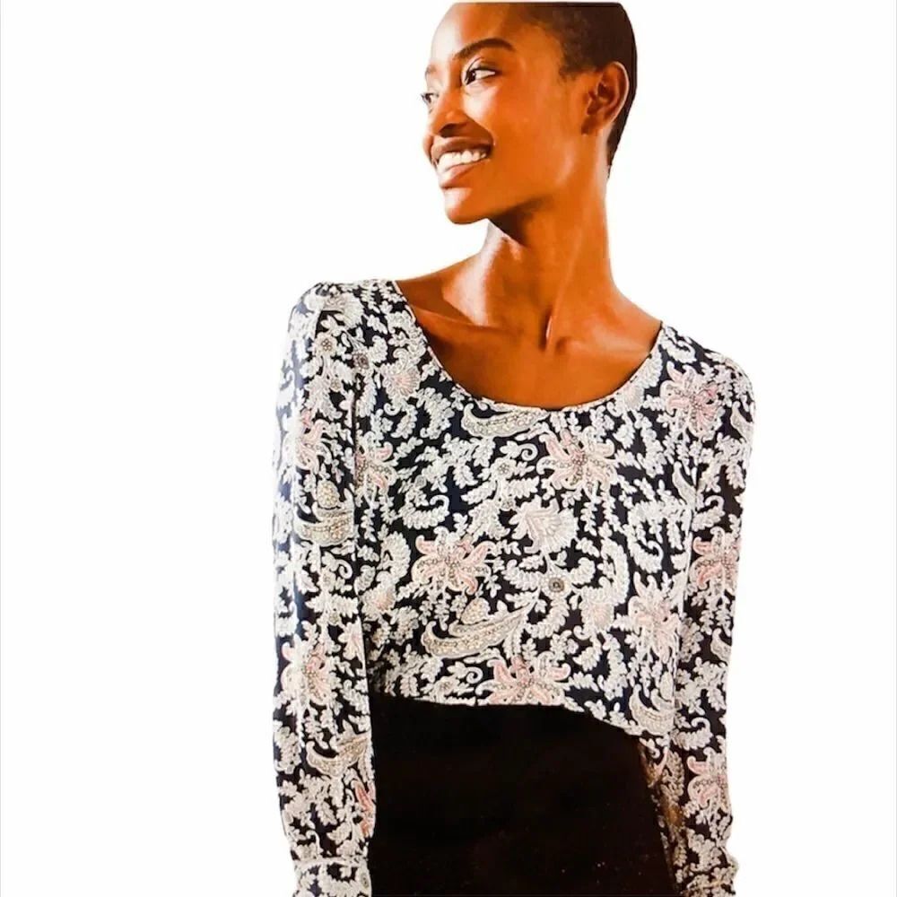 LOFT Ann Taylor - Floral Paisley Gray Long Sleeves Lightweight Blouse SZ XSP